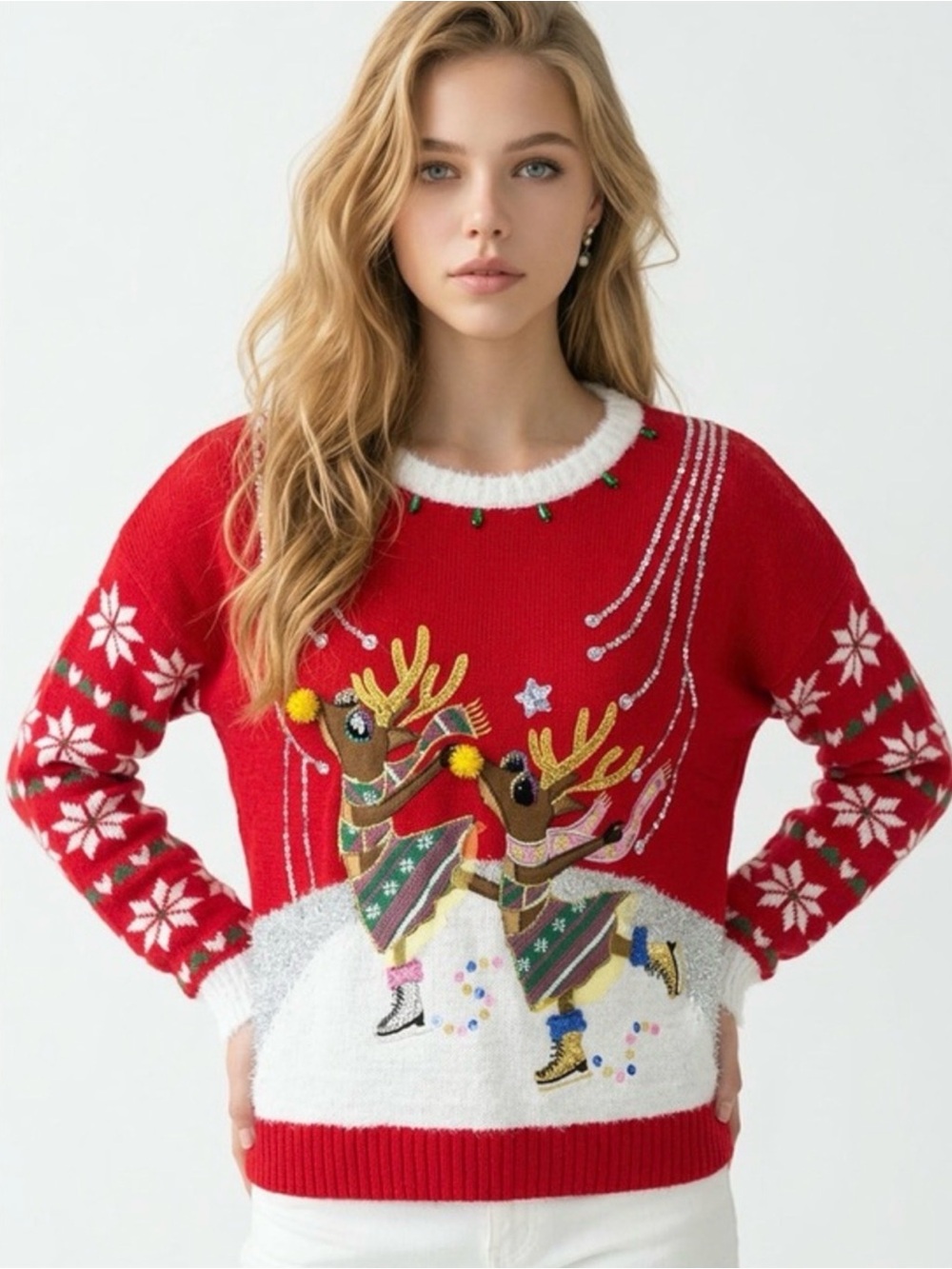 Red Skating Reindeer Ugly Christmas Sweater